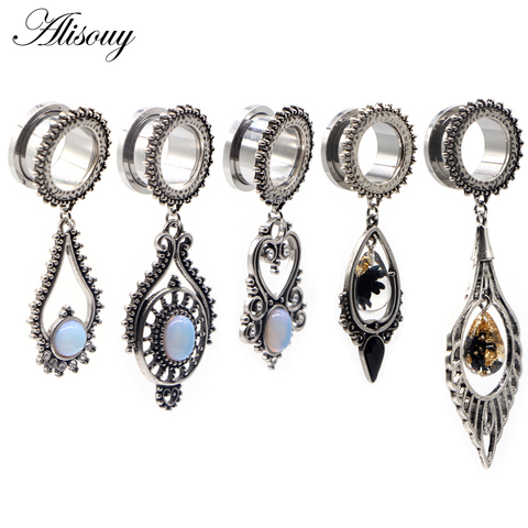 Alisouy 2pcs Ear Tunnels Plugs Stainless Steel Teardrop Dangle Stone Ear Expander Piercing Body Jewelry Gift For Women 6mm-30mm ► Photo 1/6