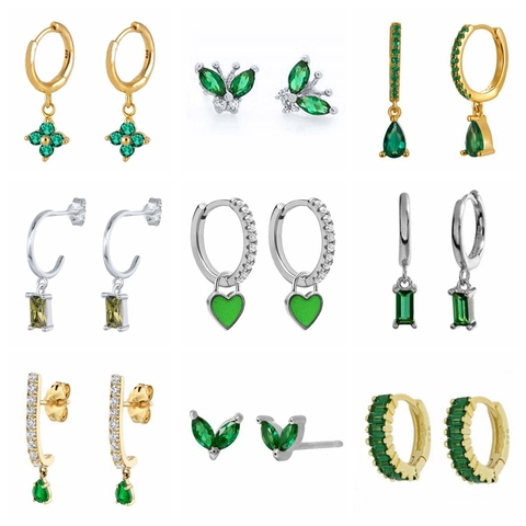 Aide 925 Sterling Silver Green Rhinestone Series Hoop Earrings For Women Girls Zircon Heart Pendant Charm Circle Earring Jewelry ► Photo 1/1