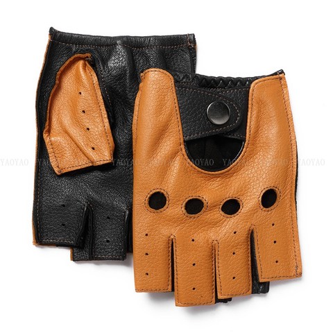 2022 NEW ARRIVAL Men Genuine Leather Semi-Finger Thin Glove Male Color Matching Locomotive Car Driving Mitten Brown Luvas ► Photo 1/6