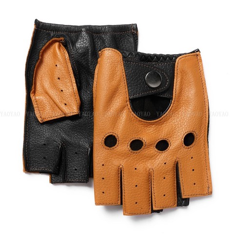 2022 NEW ARRIVAL Men Genuine Leather Semi-Finger Thin Glove Male Color Matching Locomotive Car Driving Mitten Brown Luvas ► Photo 1/6