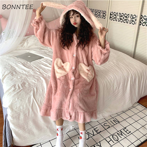 Nightgowns Women Winter Thick Coral Velvet Kawaii Rabbit Ears Pocket Girls Homewear Korean Fashion Femme Sleepshirts Nightdress ► Photo 1/6