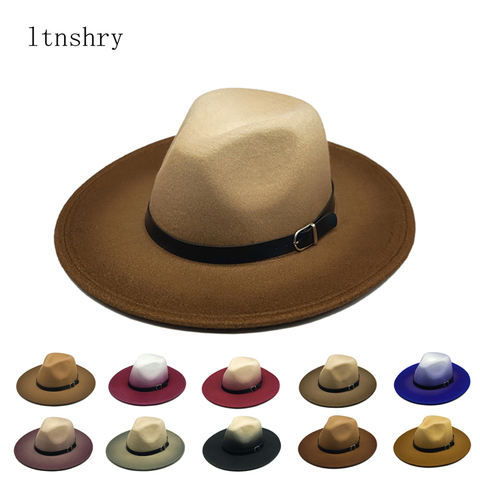 2022 fashion Womens Fedora Hat Wool Khaki Jazz Hats Female National Casual Large Brim Vintage Autumn Classic Felt Hat And Cap ► Photo 1/6