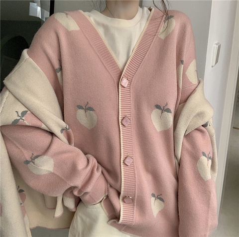 2022 Korean Autumn Long Sleeve Pull Femme Sweater Cardigan Cute Pink Coat Women Peach Cardigans Knitted Oversized Jacket ► Photo 1/6