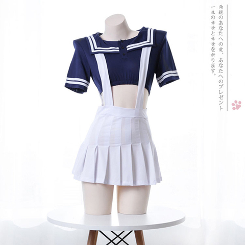 Japanese Student Girls Cosplay Sailor Collar JK Uniform Anine Style Navy Blue Shirt Top + White Suspender Skirt ► Photo 1/5