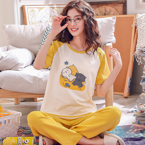 2pcs/set Short T-Shirt trousers pijamas set women's Summer sleepwear cotton Sleep tops pants woman pijamas pyjama 2022 new style ► Photo 1/1