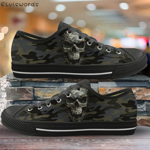 ELVISWORDS Punk Style Women Casual Shoes Camouflage Skull 3D Print Vulcanized Shoes for Cool Office Ladies Canvas Low Top Flats ► Photo 1/6