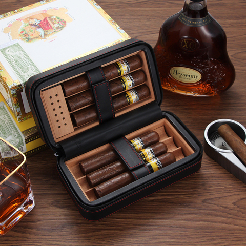 Galiner Leather Cigar Humidor Box Travel Portable Cedar Wood Cigar Case 4 Holder Cigar Box W/ Humidifier Hygrometer Gift Box ► Photo 1/6