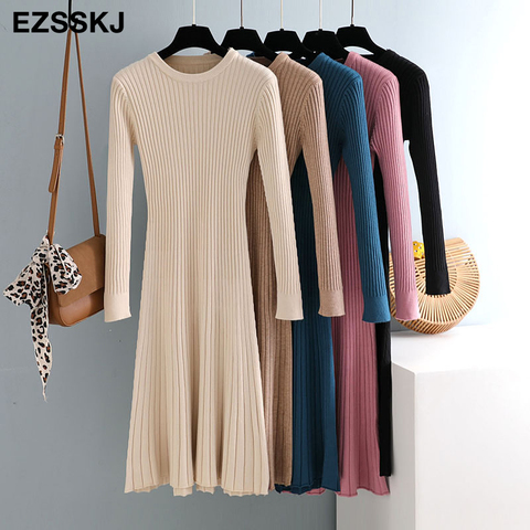 elegant Long sleeve OL O-neck long Sweater dress women Thick knit Autumn Winter dress female Slim A-line basic dress casual ► Photo 1/6