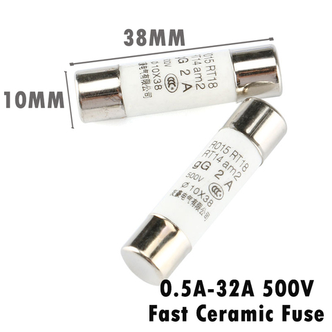 5Pcs 10*38 Fast blow Ceramic Fuse 10x38mm Fuse 500V 0.5A 1A 2A 4A 5A 6A 8A 10A 16A 20A 32A RO15 RT18 RT14 ► Photo 1/6