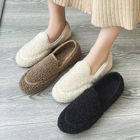 2022 Winter Women Loafers Lambs wool shoes Hot Woman Flats Slip on Shoes Fur Plush Warm Ladies Shoes Black Brown Boat Shoe 8556N ► Photo 1/6