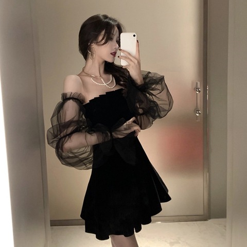 Temperament Mesh Bubble Sleeve Dresses Strapless Waist Puffy Dress Black 2XL ► Photo 1/6
