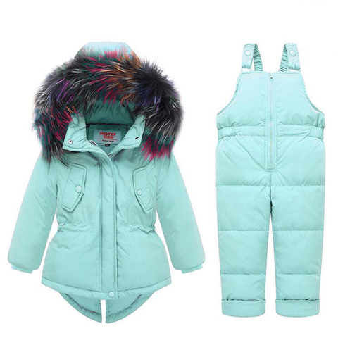 Baby Kids Girl Clothing Sets -25 Degree Russia Winter Colored Fur Hooded Coat + Overall Jumpsuit Snow Children Suit ► Photo 1/6