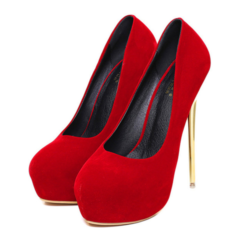 Women's Red Wedding Shoes Fashion Platform Shallow Women Pumps Concise Flock Super High Heels Party Shoes Woman Big Size 41-47 ► Photo 1/6