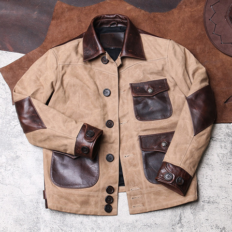 Free shipping.classic mens genuine leather Jacket,Us vintage Heavy wax canvas jacket,stitching cowhide.thick hard sales ► Photo 1/5