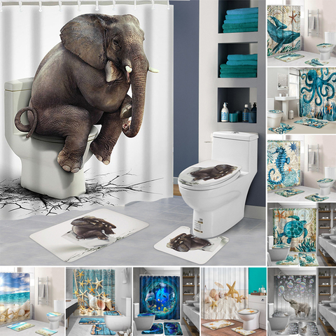 Elephant Shower Curtain Set Waterproof Carpet Cover, Toilet Cover