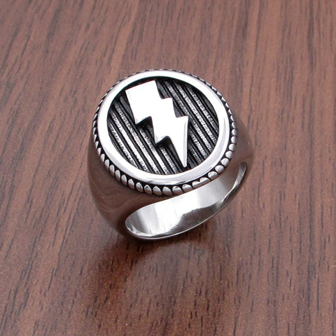 Free Shipping Punk Lightning Pattern 316L Stainless Steel Geometric Round Rings Big Wide Men's Signet Vintage Ring ► Photo 1/6