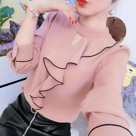 Women Spring Summer Style Chiffon Blouses Shirts Lady Casual Long Sleeve Ruffles Decor Stand Collar Chiffon Blusas Tops DF3148 ► Photo 1/6