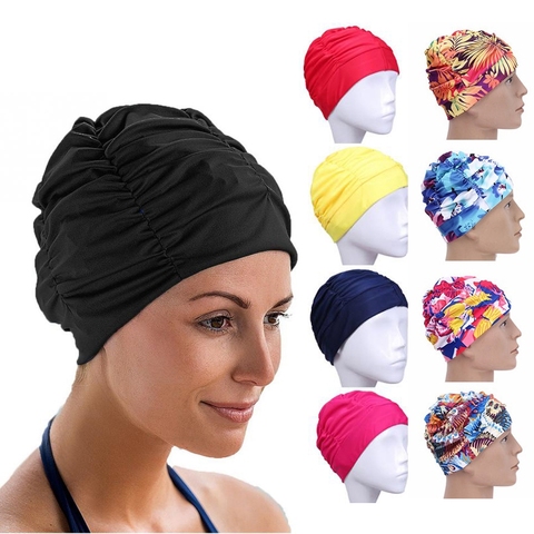 1PC High Elastic Swimming Cap Men Women Free Size Solid Flowers Printed Long Hair Sports Swim Pool Hat Nylon Turban ► Photo 1/6