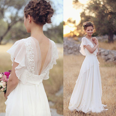 Bohemian V Neck Wedding Dresses A Line Beach Wedding Gowns Boho Bridal White Lace dress 2022 Backless for women ► Photo 1/6