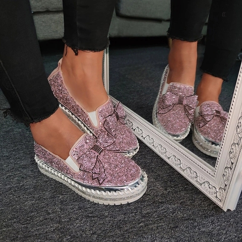 Pink Women Shining Rhinestone Loafers Bowknot Slip-on Thick Botton Casual Ladies Crystal Shoes Female Platform Shoes ► Photo 1/6