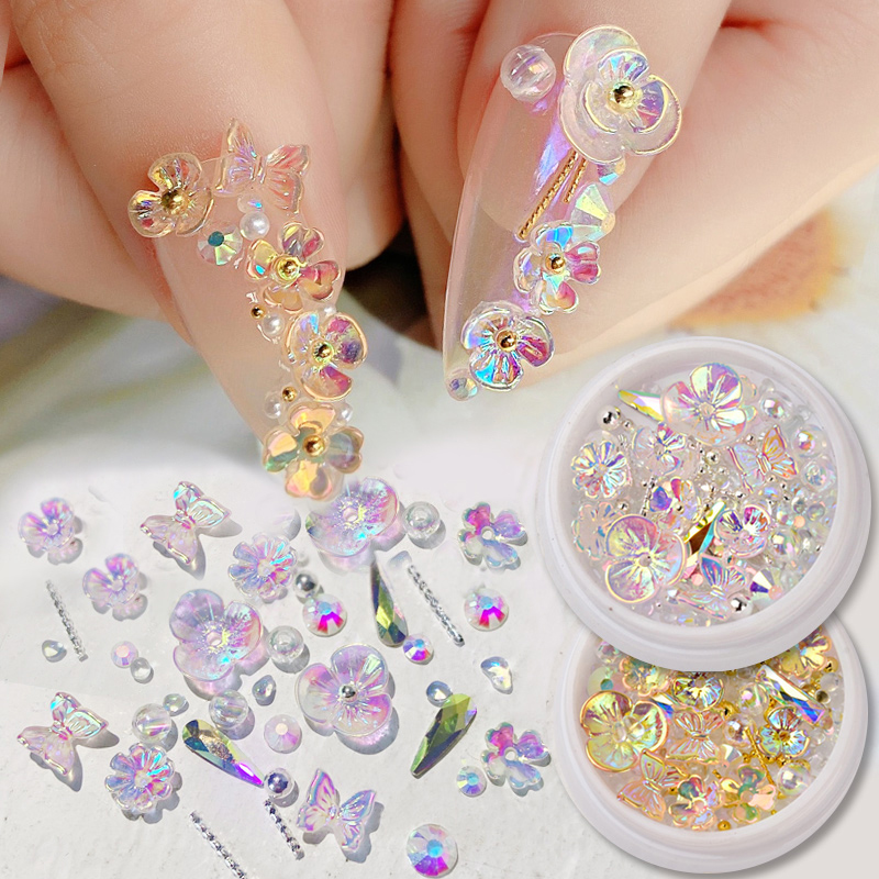 Colorful AB Crystal Flower Butterfly Nail Art Decorations Mix