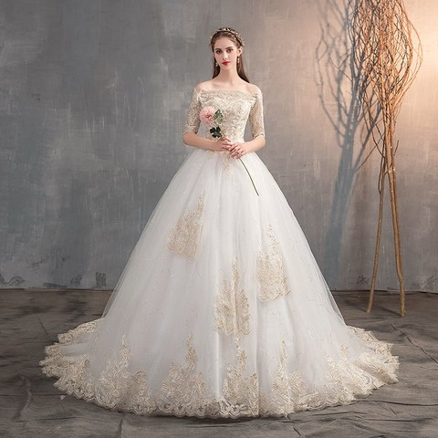2022 Wedding Dress Off The Shoulder Half Sleeve Wedding Gown Lace Applique Plus Size Simple Wedding Dress Robe De Mariee ► Photo 1/6