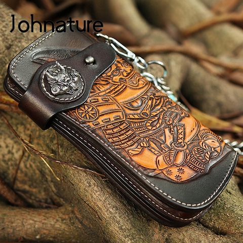 Johnature 2022 New Handmade Retro Genuine Leather Carving Men Long Wallet High Quality Cowhide Clutch Wallets Hand Chains Purse ► Photo 1/6