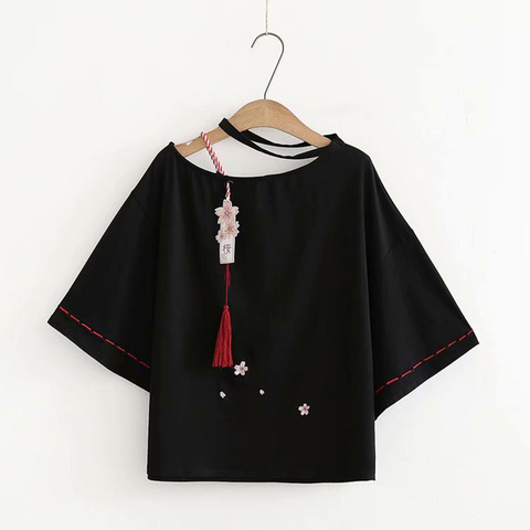 Japanese Women Lolita T-shirt Short Sleeve Sweet Sakura Tassel Embroidery T-shirt women Harajuku Tops ► Photo 1/6