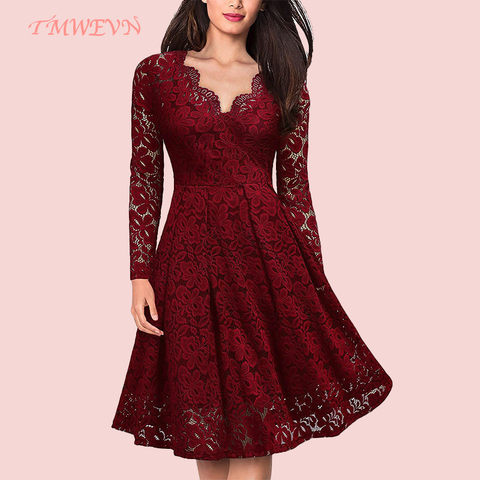 Women Dresses V-Neck Off Shoulder Lace Evening Party Dress Long Sleeve Dress Spring Autumn Vestido Invierno Mujer ► Photo 1/6