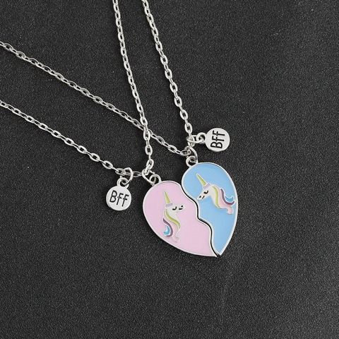 2 Piece Set of Best Friend BFF Broken Heart with Unicorn Pattern Stitching Pendant Chain Friendship Clavicle Necklace ► Photo 1/6