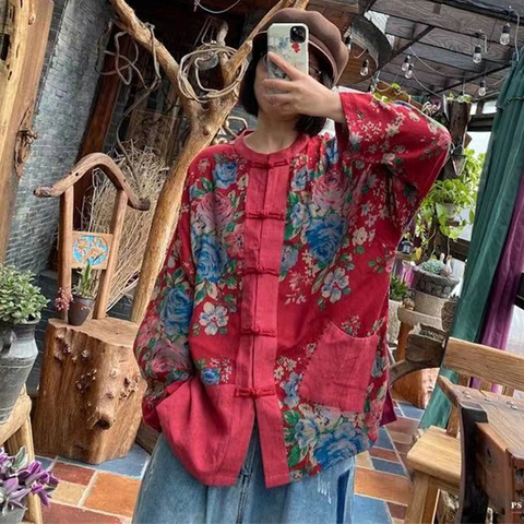 Johnature Women Plus Size Spring Shirts And Tops Stand Long Sleeve Red Blouses Print Floral Loose 2022 New Vintage Linen Shirts ► Photo 1/6