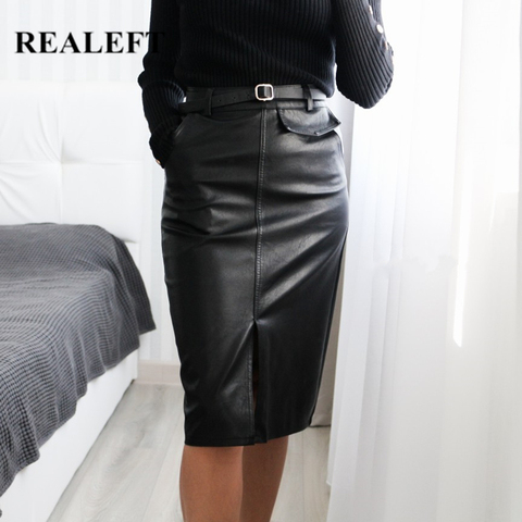 REALEFT Black PU Leather Skirt Autumn Winter Front Split Pencil Midi Skirts Elegant High Waist Sheath Wrap Skirts with Belt 2022 ► Photo 1/6