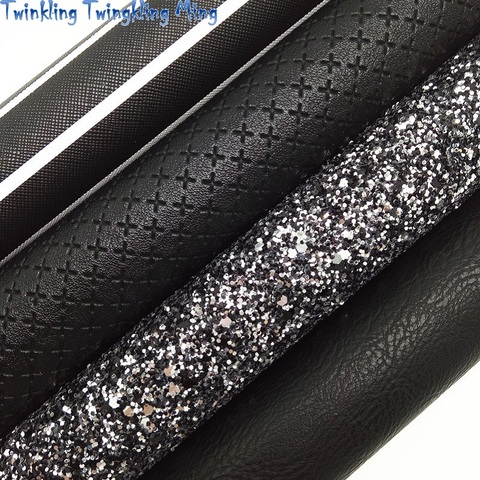 BLACK Glitter Fabric, Weaving Synthetic Leather, Stripes Printed Faux Fabric Sheets For Bow A4 21x29CM Twinkling Ming XM002L ► Photo 1/6