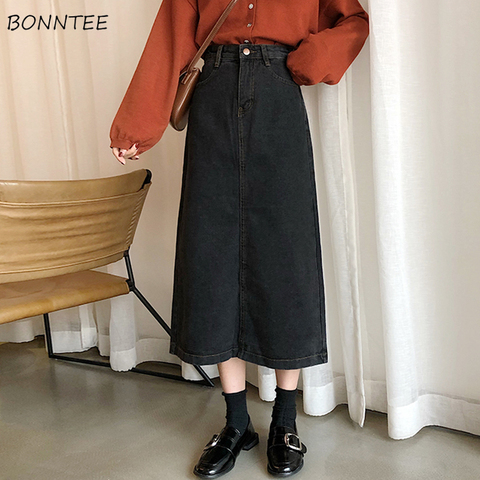 Skirts Women Denim A-Line Simple Korean Style Button Pocket Harajuku High Waist Soft Womens Calf-Length Skirt Streetwear Chic ► Photo 1/6