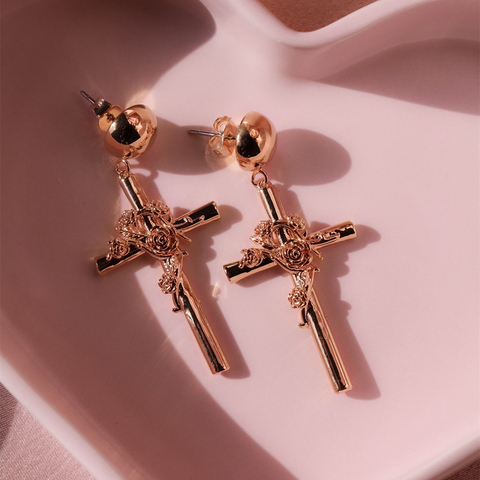 Huitan Rose Wrapped Cross Shape Drop Earrings for Women Cocktail Party Female Daily Wear Accessories Earring Fashion Jewelry Hot ► Photo 1/1