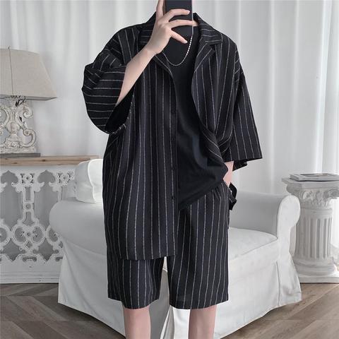 2022 Summer Men Set Shirts and Shorts Lightweight Fabric Letter Striped Half Sleeve Elastic Knee-Length Baggy Oversize Clothing ► Photo 1/6