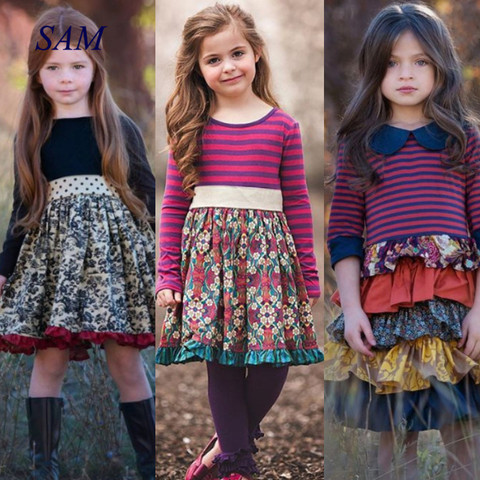 2022 INS Girls Spring and Autum Dress Kids Flower Pastoral Style Striped Long-sleeved Dresses England Cute Princess for Children ► Photo 1/6