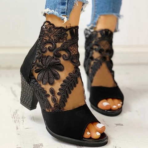 Spring Women Pumps Mesh Leather Flower High Thick Heel Stripe Platform Zipper Peep Toe Slip on Ladies Shoes Zapatos De Mujer ► Photo 1/6