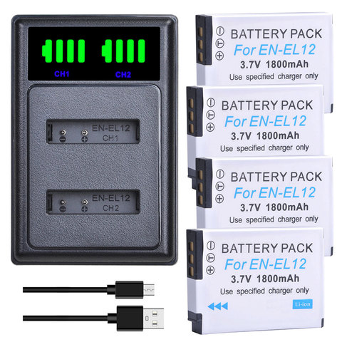 AsperX EN-EL12 EL12 Battery + LED USB Dual Charger with Type C Port for Nikon Coolpix S9700 S9500 S9400 S9300 S9100 S8200 S8100 ► Photo 1/6