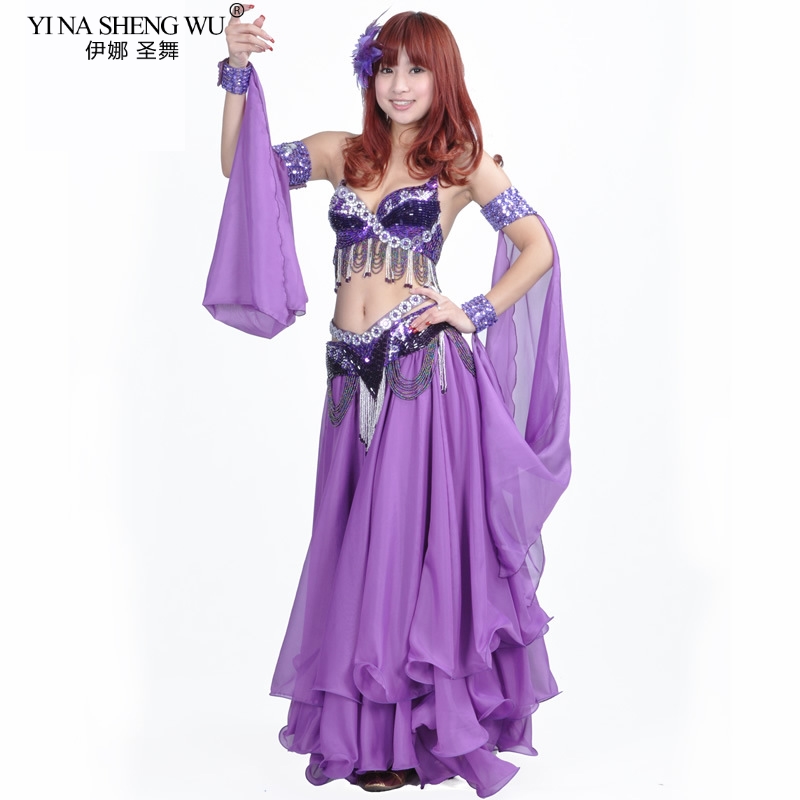 On Sale Purple Professional Beading Belly Dancing Costumes Bra+Belt+Skirt S M L 