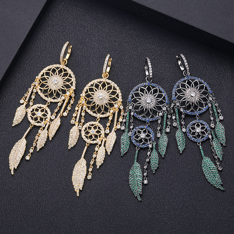 JANKELLY  Luxury Trendy BIG Dreamcatcher Tassels full Mirco Paved Crystal Zircon Naija Wedding Drop Earring Fashion Jewelry ► Photo 1/5