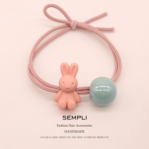 Sempli Pink Flocking Cloth Cute Rabbit Elastic Hair Bands for Girls High Quality Round Beads Rubber Bands Easter Gift Headwear ► Photo 1/6