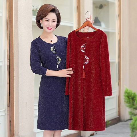 New Autumn And Winter Women Middle-aged Dress Fashion Elegant Casual O Neck Long-Sleeve Solid Color Female Dress Clothing ► Photo 1/5