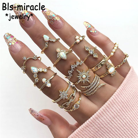 2022 Vintage Gold Geometry Crystal Sun Opal Crown Ring Sets For Women New Boho Adjustable Fashion Rings Female Valentine Gift ► Photo 1/6
