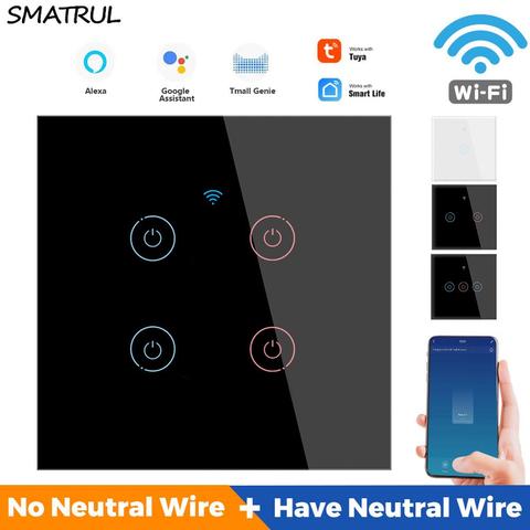 SMATRUL Smart Life Touch WiFi Wall Switch Light APP No Neutral Wire Required 1/2/3 Gang Tuya EU Glass Voice Google Home Alexa ► Photo 1/6