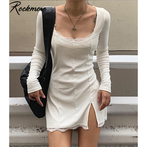 Rockmore Split Lace Sexy Mini Dress Women Transparent Long Sleeve Bodycon Square Collar Above Knee Dresses Party Dress Vedtidos ► Photo 1/6