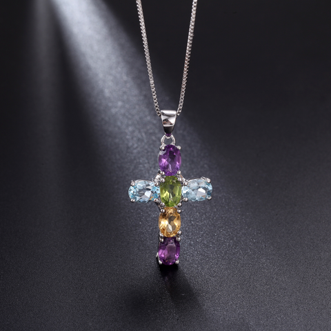 GEM'S BALLET Natural Amethyst Topaz Colorful Gemstone Pendant Jewelry 925 Sterling Silver Cross Necklace For Women 2022 NEW ► Photo 1/1