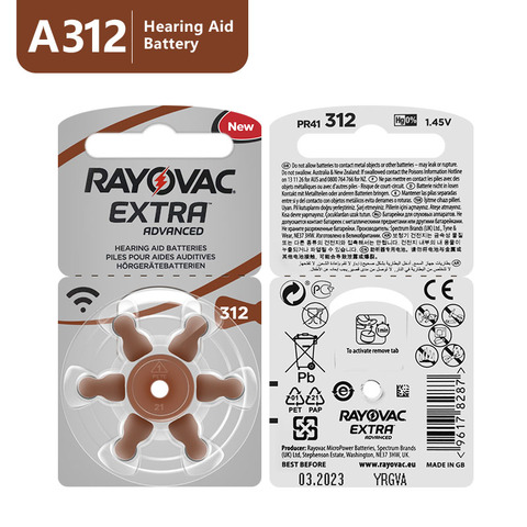 60 PCS Rayovac Extra Performance Hearing Aid Batteries 312 312A A312 PR41 .Free Shipping Zinc Air Hearing Aid Battery ► Photo 1/4