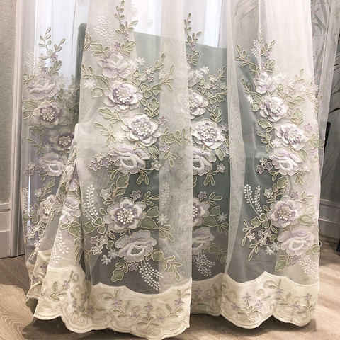European high-end luxury window screen embossed rope embroidery flower tulle curtain for living room bedroom beige sheer  ZH400X ► Photo 1/6