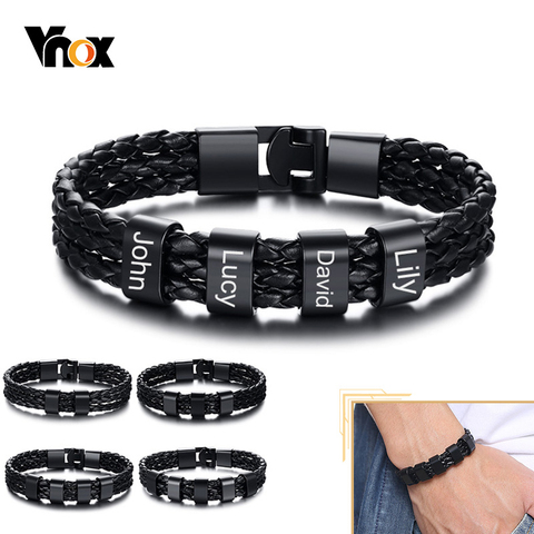 Vnox Personalize Family Name Bracelets for Men Black Layered Braided Leather with Stainless Steel Charms Custom Christmas Gift ► Photo 1/6